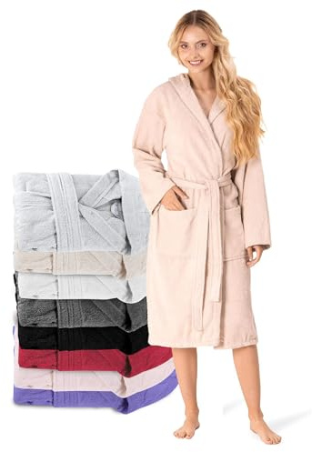 Twinzen Bademantel Damen - 100% Baumwolle (350g/m²) OEKO-TEX® Zertifiziert - Morgenmantel Damen mit Kapuze, 2 Taschen, Gürtel - Beige - XL