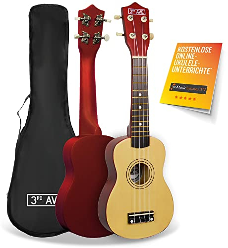 3rd Avenue Sopran-Ukulele für Anfänger, 54 cm/21“ mit Ukuleletasche – in Natur – KOSTENLOSE 1-monatige Online-Lektionen