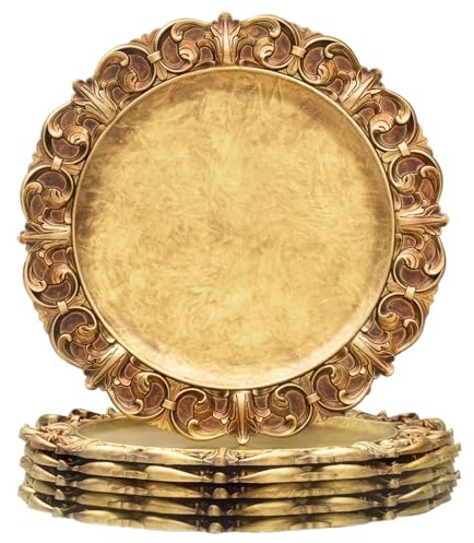MAONAME 14 Antique Gold Charger Plates with Embossed Rims, Set of 6, Plastic Plate Chargers for Dinner Plates, Table Setting