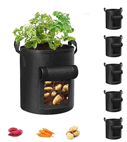 Cavisoo 5-Pack 10 Gallon Potato Grow Bags, Garden Planting Bag with Reinforced Handle, Thickened Nonwoven Fabric Pots for Tomato, Vegetable and Fruits