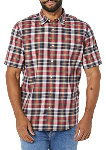 Amazon Essentials Men's Short-Sleeve Stretch Poplin Shirt (Available in Big & Tall), Navy Red White Plaid, XL