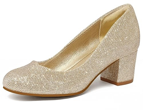 mysoft Women's Pumps Low Chunky Block Heel Round Toe Comfortable Dress Shoes Gold Glitter