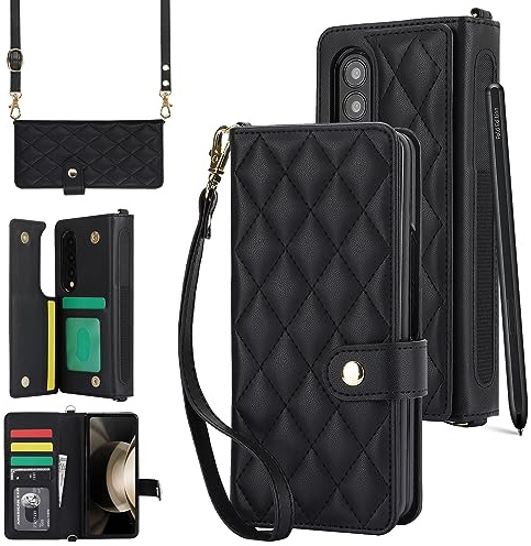 XIZYO Wallet Case for Samsung Galaxy Z Fold 4, Z Fold 4 Wallet Case with S Pen Slot Card Holder Kickstand Leather Flip Women Men Handbag Strap Magnetic Closure Shockproof Cover, Black