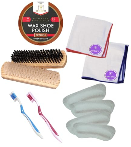 Sinta Gifts Shoe Polish Kit | Tin Shoe Polish Brown 1pc, Shoe Brush Set 1pk, Applicator Brush 2pcs, Microfibre Cloth 2pcs, and Leather Heel Grips 4pk | Keep Your Shoes Pristine!