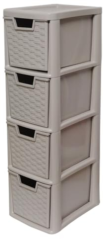 Khanary A5 Plastic Storage Drawer 4 Tier Rattan Effect Tower Storage Unit Medium Organizer Home Kitchen School Offices Desktop Stationary Art Clothes Toys Bath- 62(H) x 25(D) x 19(W)-Mushroom