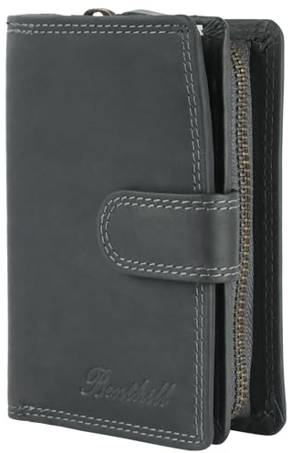 Benthill Geldbörse Damen Leder | Geldbeutel mit RFID Schutz aus Rindsleder | Portmonee mit 8 Kartenfächer Mittelgroß | Echt Leder Slim-Wallet Vintage inkl. Geschenkbox, Farbe:Olive - Grau