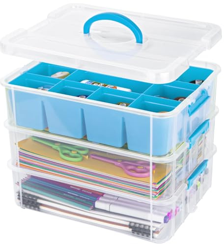 Creahaus 3-Stöckige Aufbewahrungsbox mit Deckel für Bastelarbeiten,Stapelbare Aufbewahrungsboxen mit Abnehmbares Tablett für Bastelmaterial,Nähkasten,Sortierbox,Nähgarn Aufbewahrung(blau)