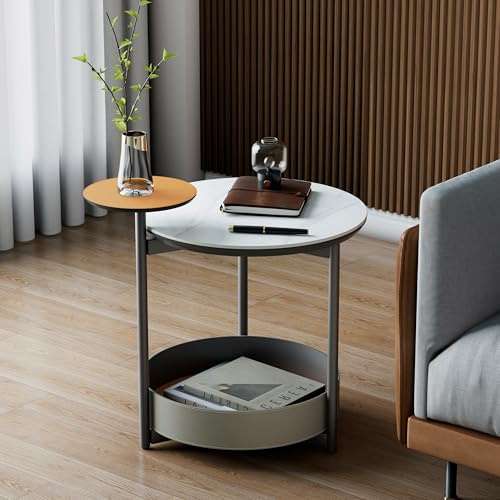 Artloge Beistelltisch Runder Sofatisch mit Stauraum, 3 Platte Kleiner Beistelltisch Luxus Kratzfestes Leder stylischer Kaffeetisch mit Metallgestell Wohnzimmertisch für Couch und Sofa 54×44×52cm