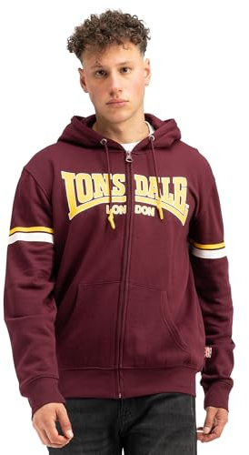 Lonsdale sweatjacka med huva för män med dragkedja, normal passform, Darfield, Oxblood/gul/vit, XL