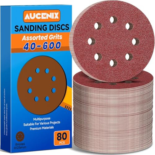 Aucenix 80PCS 125mm Sanding Discs: 8 Holes (40/60/80/120/150/180/240/320/400/600) Assorted Grits Sanding Pads - Hook and Loop Sandpaper Sheets for Random Orbital Sander for Wall Metal Wood