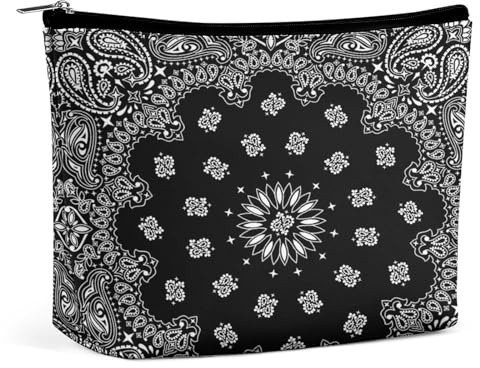 Bolsa de cosméticos portátil con Estampado de pañuelos de Cachemira Tradicional Negra, Bolsa de Almacenamiento multifunción, Bolsa de Maquillaje de PU, Organizador de papelería con Cremallera para la