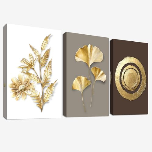 3 Pcs Wooden Framed Canvas Wall Art Canvas Prints Caramel Gold Ginkgo Leaves Painting Daisy Flowers Floral Pictures for Living Room Bedroom Bathroom Hallway Home Wall Decoration 50x70 cm x3pcs