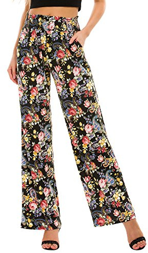 EXCHIC Damen Boho Gerade Beine Elastische Taille Palazzo Hose Freizeit Leichtes Yoga Loungehose mit Taschen(L, Series 2#5)