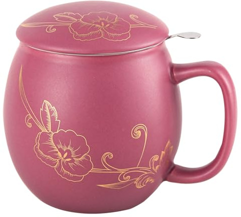 Yundu bicchiere in ceramica da 360ml con coperchio e filtro in acciaio inox – Design viola opaco con fiore dorato, filtro da tè in acciaio inox 304 per tè sfuso, regalo per gli amanti del tè