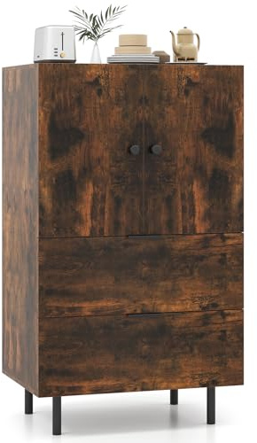 TANGZON Storage Cabinet, 2 Door Buffet Sideboard with 2 Drawers, Metal Legs & Anti-tipping Kits, Freestanding Kitchen Cupboard Organiser for Dining Living Room Hallway (Rustic Brown)