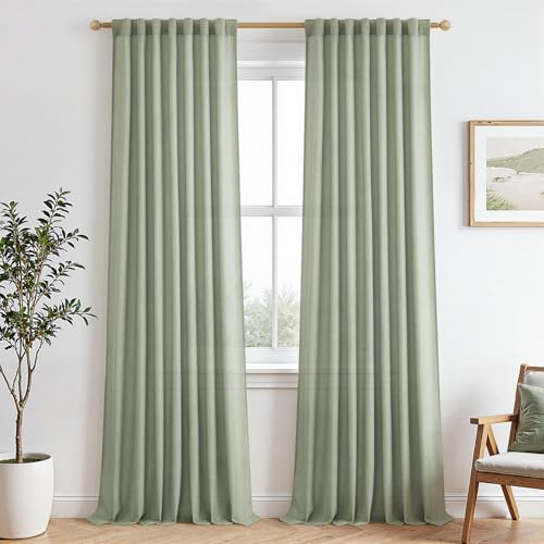 MRTREES Tende Lino Semitrasparenti per Interni Verde Salvia Camera da Letto Soggiorno Moderne 2 Pezzi 140x260 cm Tenda Salotto Bellissime Tende Cucina Porta Finestra con Passanti Nascosti