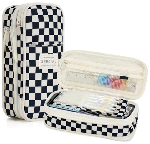 VICDUEKG Federmäppchen Mäppchen Federtaschen Etui 4 Fach Schulmäppchen Große Kapazität kariert Pencil Case Stifttasche für Schule & Büro (Schwarz)