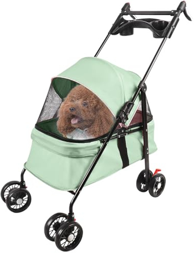 OHMG Poussette pour chien chat pliable,Les petits et chiens âgés,Jusqu'à 20 kg,Roues avec freins à 360°,Panier xxl,3 fenêtres,Porte-gobelet,Chariot pour chien
