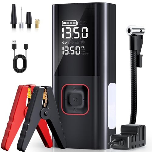 Jump Starter with Air Compressor, 5000A Battery Jumper Starter Portable (9L Gas/8L Diesel) with 160PSI Auto-Shutoff Tire Inflator, 12V Jump Box Car Battery Jump Starter with Jumper Cables, LED Light