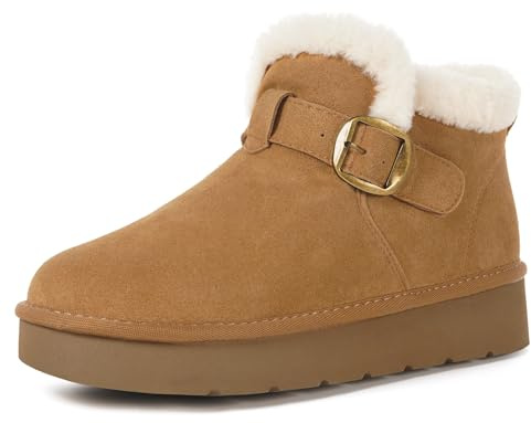 Dokela Bottes Hiver Femme Daim Suède Cuir Véritable Boots Chaud Fourrure Doublure Imperméable Confort Bottines de Neige Fermeture Chaussures Extérieur Antidérapant,Brun Clair,43 EU