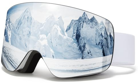 Skibrille OTG für Unisex,YH227 Snowboard Brille mit Anti-Rutsch Kopfband UV-Schutz Anti-Nebel,Ski Goggles Vollständig Plattiertes REVO Einstellbare,Skibrillen für Skifahren (02-Silber/Weiß (VLT13 %))
