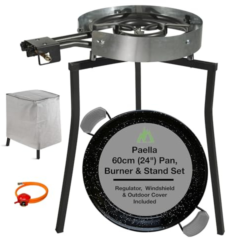 Camp&Fire Paella Cooking Set | 60cm (20 Servings) XL Enamelled Steel Paella Pan with Dual Gas Burner, Foldable Tripod Stand, Windshield, Hose, Regulator and Outdoor Cover