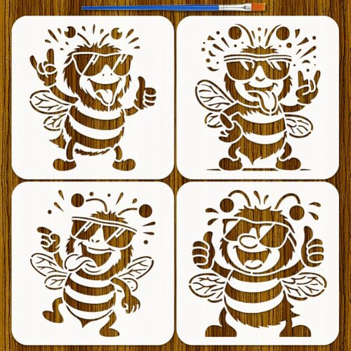 FINGERINSPIRE 4PCS Funny Bees Painting Stencil with Paint Brush 20x20cm Plastic Cartoon Style Bees Drawing Template PET Sunglasses Stencil Animal Theme Template for DIY Wall Floor Decoration