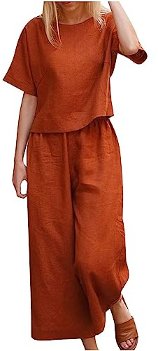 Linneset i 2 delar för damer, set med kläder, kortärmad topp och byxor med breda ben, dräkt, somrig och ledig outfit för kvinnor, 2-delat set med damkläder