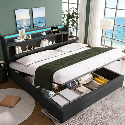 Double Ottoman Bed Frame with LED Adjustable Storage Concealed Headboard,4ft6 Upholstered Platform Bed Frame with Charging Station,Hydraulic Gas Lift Up Fabric Storage Bed with Slats,Grey,No Mattress