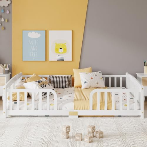 XINGNING Golvsäng för barn av furu med skyddsgaller Montessori golvsäng med säkerhetsräcke och mittingång för barnrum (vit + pine-1)