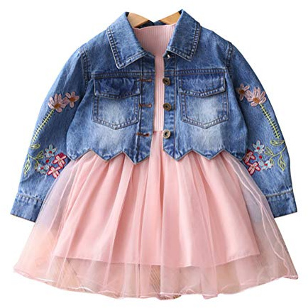 Yao vår höst små flickor kläder set barn denim jacka och långärmad klänning 2 delar set, Rosa, 6 år
