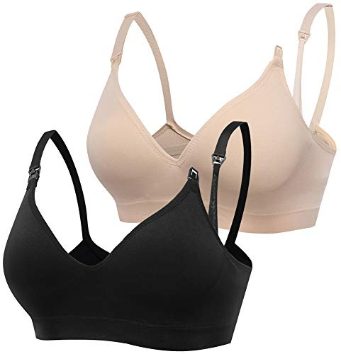 Derssity Women's Wireless Nursing Bra Plus Size Soft Maternity Bra for Breastfeeding, Black/Beige, L-Fits for 36CD 38ABC