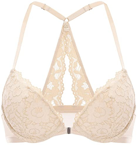DOBREVA Women's Push Up Bra Support Racer Back Front Fastening Lace Padded Plunge Underwired Bra Beige 38D