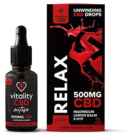 Vitality CBD Active Relax Drops with Lemon Balm, Magnesium, Griffonia Simplicifolia, 500mg of CBD, Cherry Flavour, 30 ml, NO THC