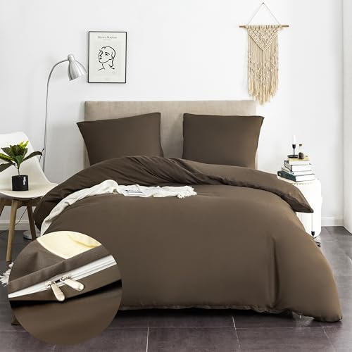 AYSW 16 Couleurs Sets de Housses de Couettes 240x260 cm Double Fermeture Éclair 3 Pièces Microfibre Brossée 100 Fils/cm² + 2 Taies d'oreiller 65x65 cm Café Parure de Lit Adulte 2 Personnes