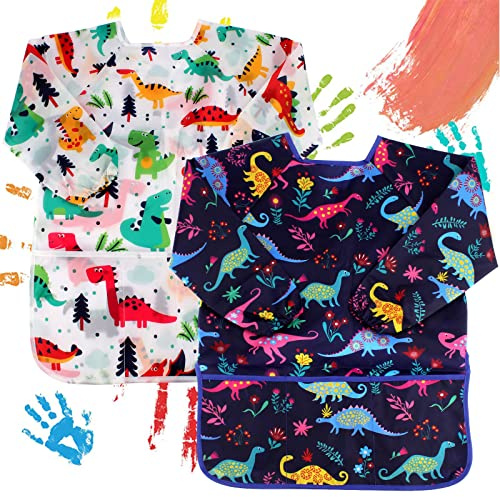 CUBACO 2 Pack Kids Painting Apron Children's Waterproof Artist Apron with Long Sleeve and 3 Pockets for Child 3-8 Years for Art Craft, Cooking, Baking, Feeding (Dinosaur Pattern)