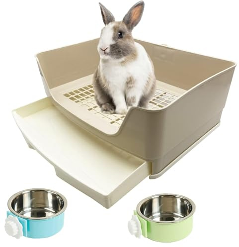 PINVNBY Rabbit Corner Litter Box with Drawer for Cage Small Animal Litter Pan Hanging Pet Feed Bowls Cage Potty Trainer Pet Toilet for Rabbit Bunny Guinea Pigs Chinchilla Ferret