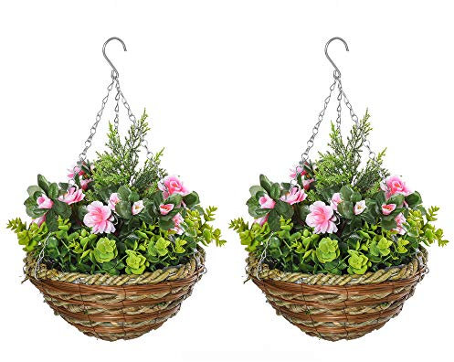 Outsunny Juego de 2 Plantas Colgantes de Lisianthus Sintéticas para Interior con Maceta de Mimbre y Cadenas Ø25x34 cm Rosa y Verde