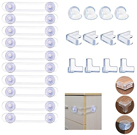 10 Stück Kindersicherung Schrank und 12 Stück Ecken-Kantenschutz Set, Selbstklebende Baby Schubladensicherung für Tür Schränke Kühlschrank und Schubladen mit Starker Kleber Ohne Bohren