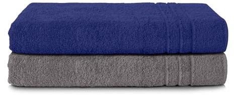 Komfortec 2er Saunatuch Set 70x200 cm aus 100% Baumwolle, XXL-Saunatücher, Sauna Handtuch, Weich, Groß, Frottee, Schnelltrocknend, Anthrazit/Navyblau