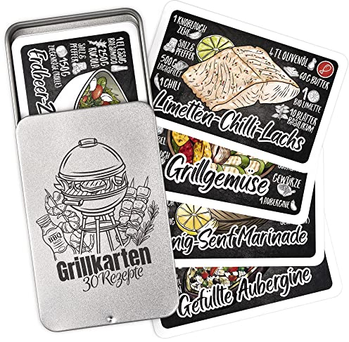 Chroma Products Grillrezepte auf 30 Karten: Grillen Geschenk mit Abbildungen und Erklärungen in Metalldose, Kartenspiel statt Grillen Buch, für Anfänger und Fortgeschrittene (Metalldose)