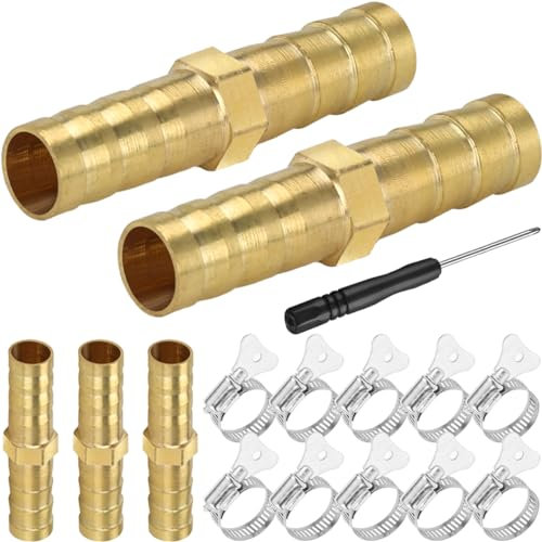 Xiatiaosann Hose Brass Barb Fitting Gas Hose Connector 8mm 5/16 ID Straight Barb Mender Hose Fitting for Air Gas Water Fuel, with Stainless Steel Pipe Clamps, 5 PCS