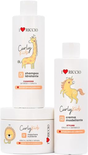 I Love Riccio Kit Curly Kids Per Capelli Ricci Bambini con Shampoo Idratante 250 ml, Maschera Nutriente 250 ml e Crema Modellante 250 ml, Formula Delicata Antilacrime, con Matite Colorate e Cartoncino