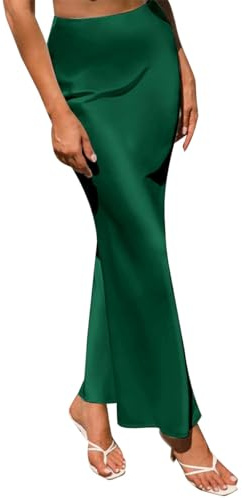 Odizli Jupe longue en satin pour femme - Élégante - Taille haute, vert, M