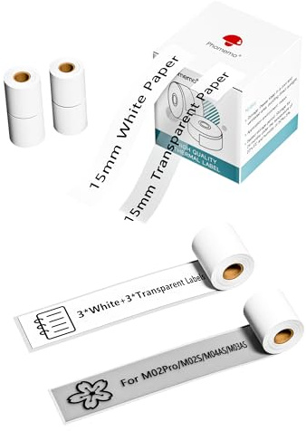 Phomemo Papier Transparent Compatible avec les Imprimantes Thermiques M02Pro,M02S,M03AS,M04AS,Papier Blanc (15mm*3.5m, 3 rouleaux), Papier Transparent (15mm*3.5m, 3 Rouleaux)
