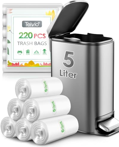 Teivio Sacchetti Immondizia Spazzatura Piccoli da 5 litri, 220 Sacchetti per la Spazzatura a Pedale, in Plastica Spessa, per Bagno, Cucina, Ufficio, Adatti per Bidoni della Spazzatura da 3-5 l