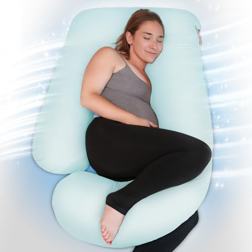 PinkFroggie Cuscino Gravidanza,Cuscino Gravidanza per Dormire a Forma di U Supporto Maternità,Supporto per Schiena,Fianchi,Gambe, Pancia per Donne Incinte (Raffreddamento Seta Blu)