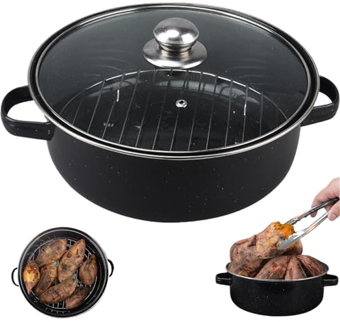 Roaster Pan 11-Inch Enameled Roasting Pan with Lid Non Stick Black Roaster Pan with Glass Lid and Double-Handle for Sweet Potatoes Turkey Chicken Meat, Roasting Pan with Lid