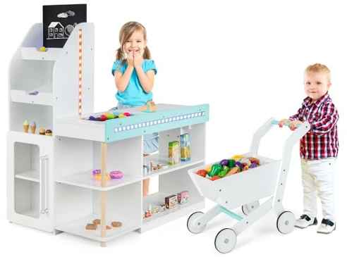 COSTWAY Pretend Play Shop, Kids Supermarket Playset with Shopping Cart, Lights, Chalkboard, Cash Register, Play Food Accessories, Wooden Role Play Grocery Store for Children Ages 3+