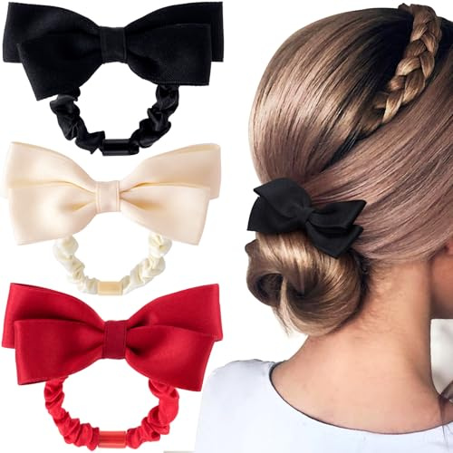 Pndeyo Lot de 3 chouchous avec nœud en ruban pour femme, élastiques et antidérapants pour cheveux longs, épais, fins, bouclés et raides – Noir, rouge et blanc